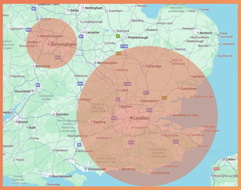 Map showing Cognivate areas covered, including South East and West Midlands